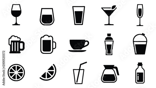 set of various drinks and food icons including wine beer coffee and cocktails