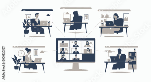 Modern remote work office illustration with video conference screens, employees at desks and digital collaboration setup, professional business concept for hybrid workplace and corporate communication