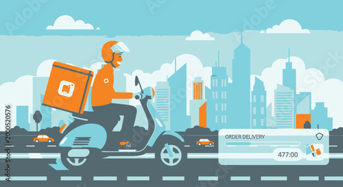 Urban courier delivery scooter illustration with rider, city skyline and parcel transport concept, modern ecommerce shipping scene for logistics branding, food delivery apps and express service promot