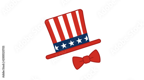 A classic flat design vector illustration featuring the iconic Uncle Sam hat and bowtie, symbolizing American patriotism and national identity. 