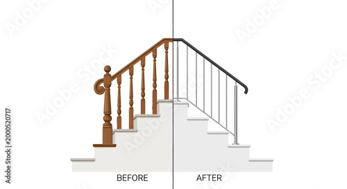 Stair Railing Renovation Before and After Comparison: Traditional Wooden Balusters vs. Modern Minimalist Metal Handrail Design for Interior Home Remodeling