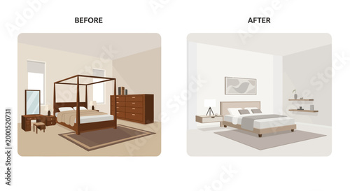 Bedroom Interior Renovation Before and After Comparison Showing Transformation from Traditional Dark Furniture to Modern Minimalist Design