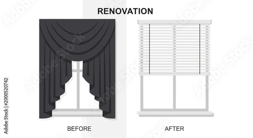 Window Treatment Renovation Before and After Comparison with Traditional Black Curtains and Modern White Horizontal Blinds