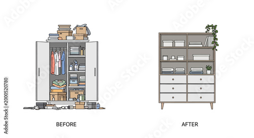 Before and After Home Organization Illustration, Messy Wardrobe vs Neat Storage Shelves, Decluttering and Tidying Transformation Concept