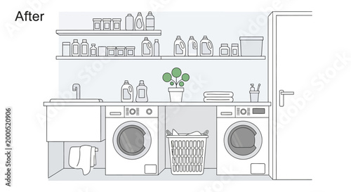 Minimalist Line Art Illustration of an Organized Modern Laundry Room with Washing Machine and Dryer