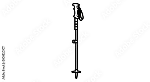 Black and white icon of a trekking pole with adjustable strap and handle, emphasizing outdoor activities and adventure.
