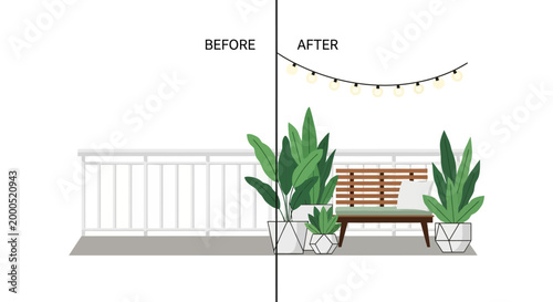 Balcony Makeover Before and After Vector Illustration. Urban Terrace Renovation with Potted Plants, Wooden Bench, and Decorative String Lights.