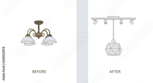 Before and After Home Lighting Renovation Concept: Upgrading Traditional Chandelier to Modern Geometric Pendant and Track Lights Illustration