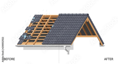 Roof Repair and Installation Before and After Illustration: Comparison of Damaged Leaking Roof and New Shingle Roofing for Home Maintenance and Construction Services