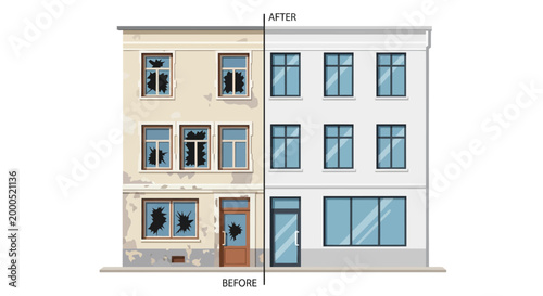 Before and After Building Renovation Concept: House Exterior Facade Restoration and Remodeling, Real Estate Property Development and Home Improvement Illustration.