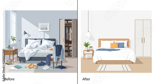 Home Organization and Decluttering Before and After Bedroom Makeover Vector Illustration