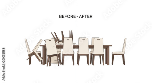 Before and After Comparison of Decluttering and Home Organization Illustration with Messy and Neat Dining Table and Chairs in Flat Style