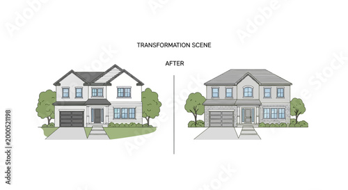House Exterior Remodeling Transformation Illustration: Comparison of Two Modern Suburban Home Renovation Design Options
