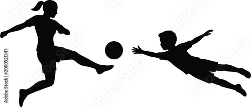 Black silhouette of a female mother soccer player kicking a ball while a child goalkeeper dives to make a save isolated on a clean white background.