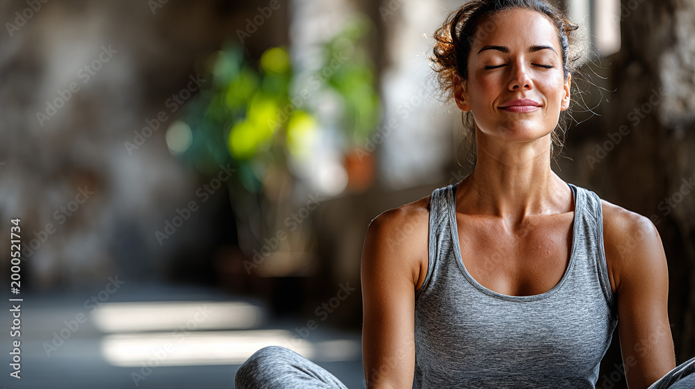 Naklejka premium Young woman meditating indoors with calm expression and natural light 