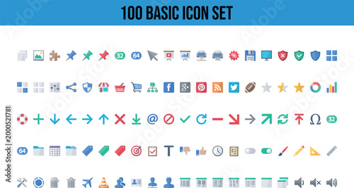 Set of basic flat icons for web and mobile interface design including social media tools.