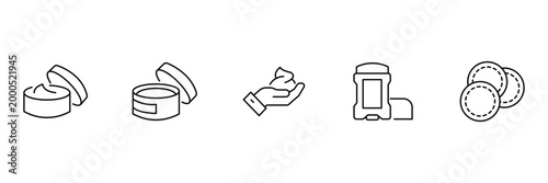 Beauty product and skincare line icon set of cream jar moisturizer hand foam deodorant and cotton pads vector illustration.