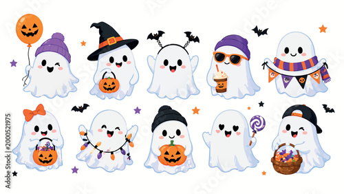 Cute Halloween Ghost Characters Set Cartoon Spooky Collection