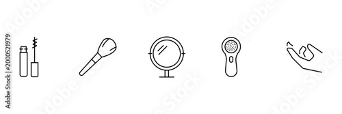 Makeup and beauty accessories icon set containing mascara brush powder brush round mirror facial cleansing device and hand vector illustration.