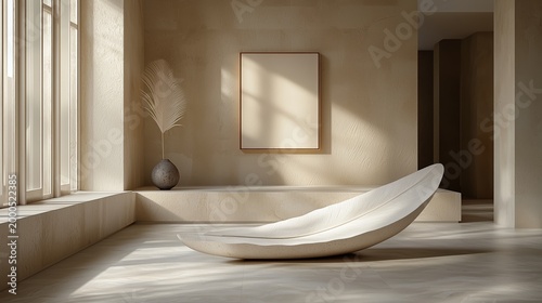 Serene minimalist wellness room with a sculptural chaise lounge, textured beige walls, framed blank artwork, and soft sunlight through large windows