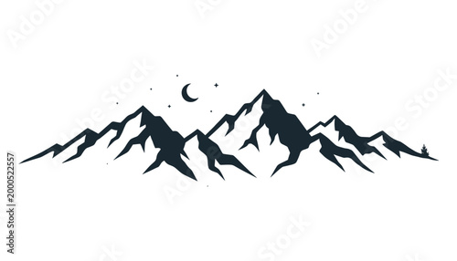 Vector silhouette of mountain range at night, crescent moon and stars, serene nocturnal landscape.