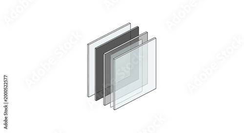 3D Isometric Technical Illustration of Multi-Layered Glass Panels and Transparent Architectural Materials