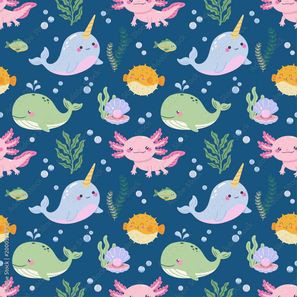 Fototapeta premium Kawaii axolotl, whale and narwhal seamless pattern for nursery decor. Aquatic animals print