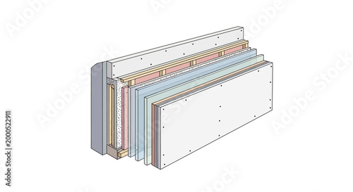 Detailed Cross-Section of Energy-Efficient Multi-Layer Exterior Wall Insulation and Construction System with Drywall and Framing - 3D Illustration