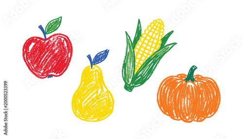 Fresh fruits apple pear corn pumpkin, healthy food, transparent vector illustration for autumn.