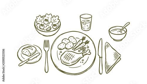 Simple sketch vector of a complete meal with chicken and vegetables on transparent background.