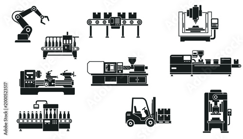 Industrial machinery and equipment vector icons on transparent background for manufacturing.