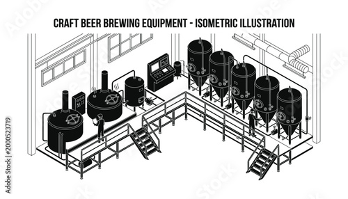 Isometric illustration of craft beer brewing equipment plant with tanks and pipes on transparent background.