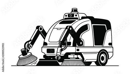 Advanced autonomous street cleaning robot with brushes and arms vector illustration transparent background.