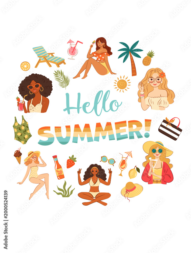 Fototapeta premium Hello Summer collection in flat style with girls, women, cocktails, fruits on white background