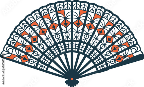 Decorative hand fan vector illustration with intricate lace pattern and orange accents isolated on white background