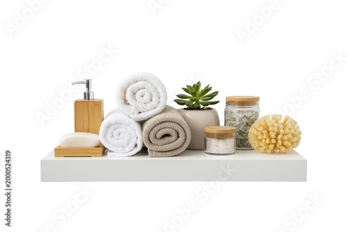 Bathroom Wellness Products Shelf Arrangement Isolated on Transparent Background