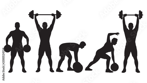 Silhouettes of male athletes performing various weightlifting and bodybuilding exercises for fitness and gym branding