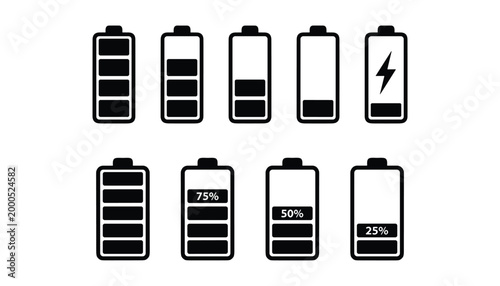 Battery charge level indicators vector set transparent background various states power indicator icons isolated on checkered.