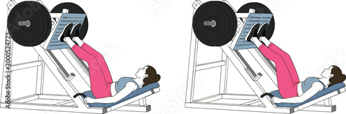 Illustration of athlete performing leg press exercise on machine with inclined bench, footplate, and weight plates, demonstrating strength training for lower body muscles