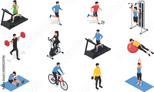 Tableau sur toile Isometric illustration set of diverse fitness activities including treadmill run