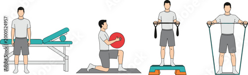Illustration set of physical therapy and fitness exercises including rehabilitation table, exercise ball, step platform with bands, and resistance band workout