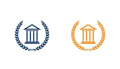 Two iconic building logos with laurel wreaths in blue and orange colors