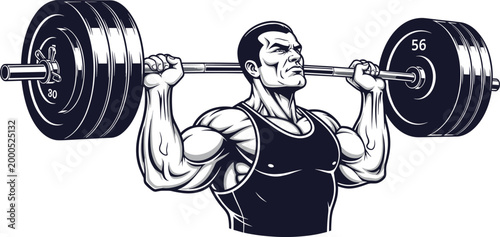 Stylized illustration of muscular athlete lifting heavy barbell across shoulders, emphasizing strength training, bodybuilding, and physical fitness with bold blue shading