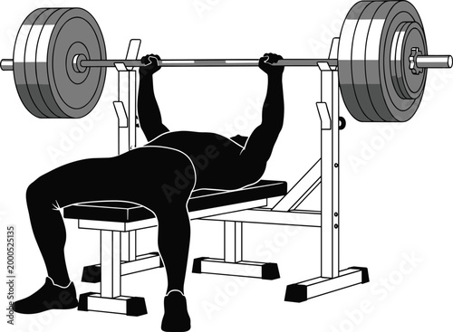 Illustration of person performing bench press exercise with barbell on flat bench, highlighting strength training for chest, shoulders, and triceps muscles