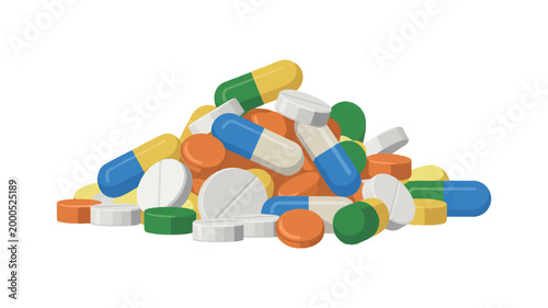A pile of colorful medicine pills and capsules on white background