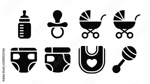 Baby care icons including bottle pacifier stroller diapers and bib