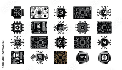 Collection of ai chips and computer processors with brain icon vector illustration transparent background.