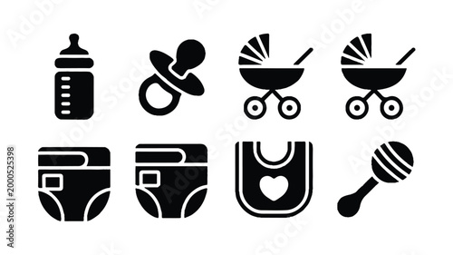 black and white baby care icons set including bottle pacifier stroller diapers and bib