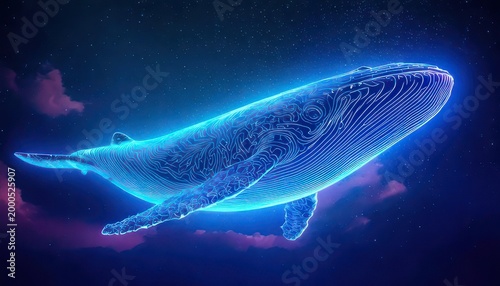 Glowing Blue Whale in a Dreamy, Digital Ocean Landscape.