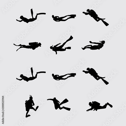 Set of Scuba Diver and Snorkeler Silhouettes Showing Fins, Tanks and Underwater Poses